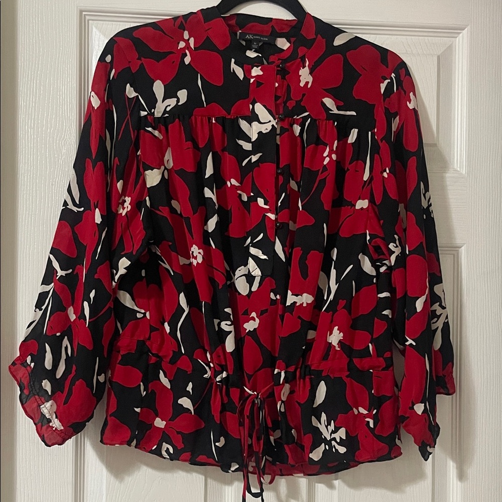 Anne Klein 100% silk Red and Black Floral Blouse